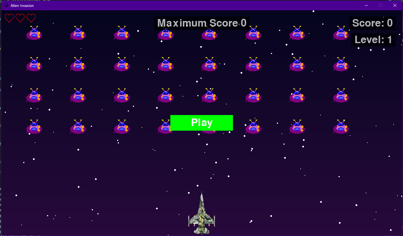 Pantalla de inicio de Alien Invasion con el botón Play y la formación de alienígenas