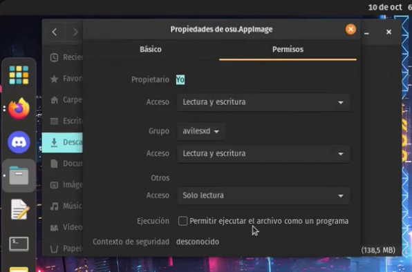 Configuración de permisos de ejecución del AppImage