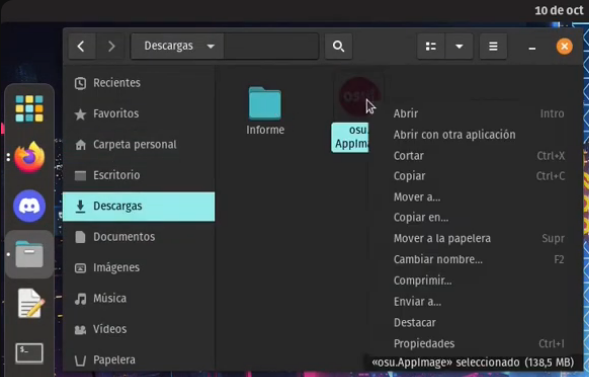 Menú de propiedades del AppImage de osu!