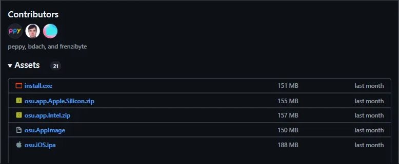 Lista de versiones disponibles de osu! Lazer