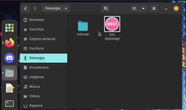 AppImage de osu! guardado en el sistema de archivos